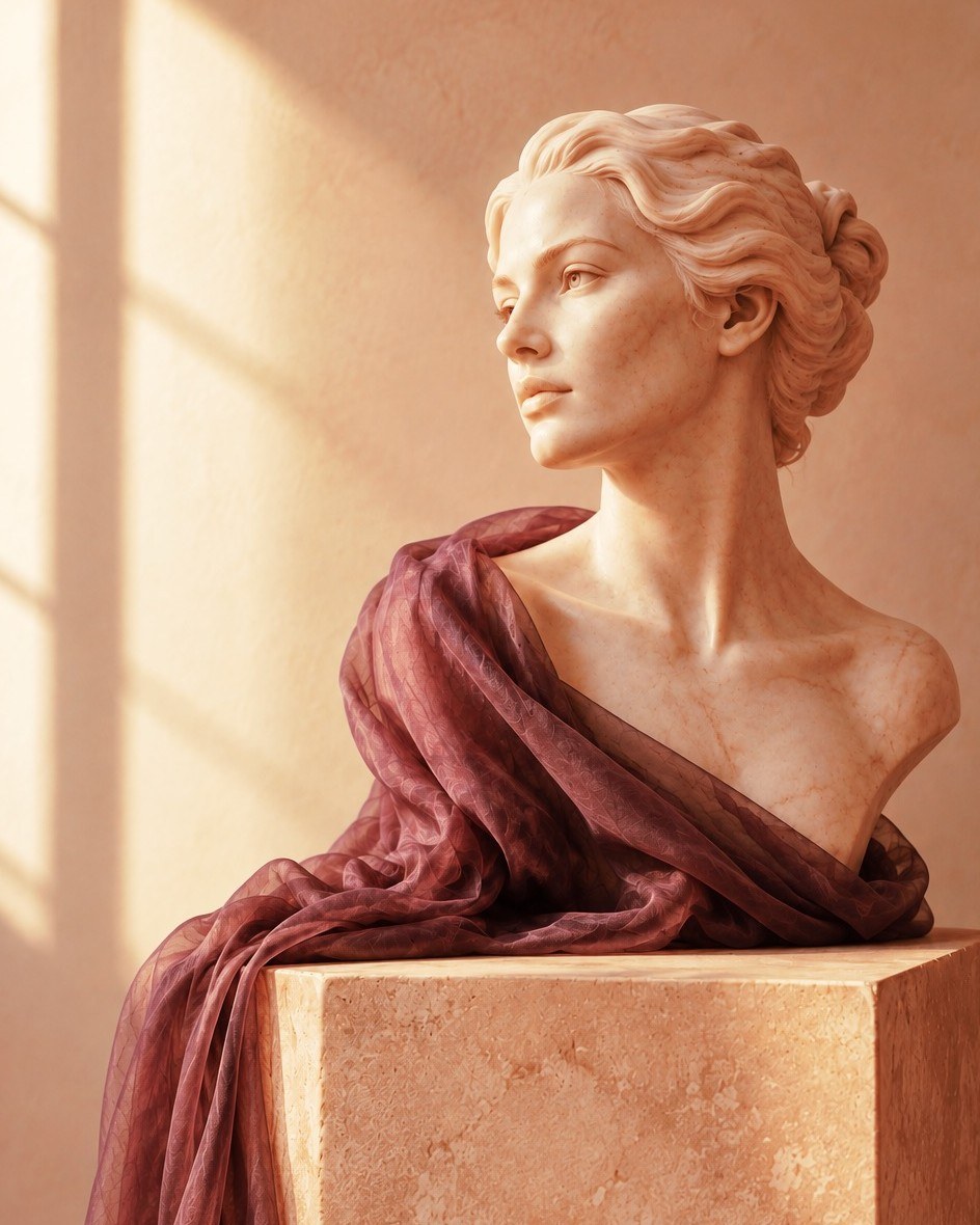 Classical marble bust sculpture draped in silk, warmed by sunlight, symbolizing artistry and precision